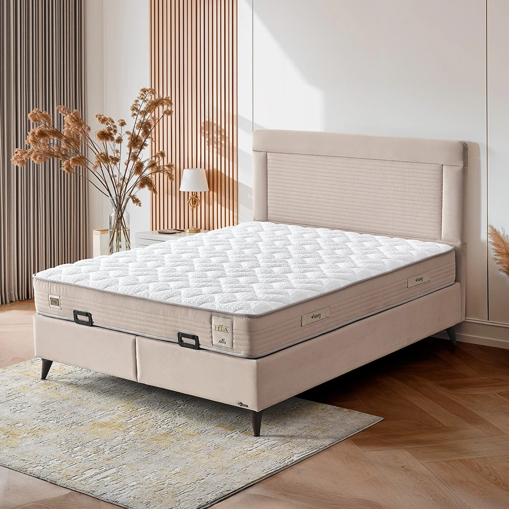 Lit coffre en tissu beige 160x200cm