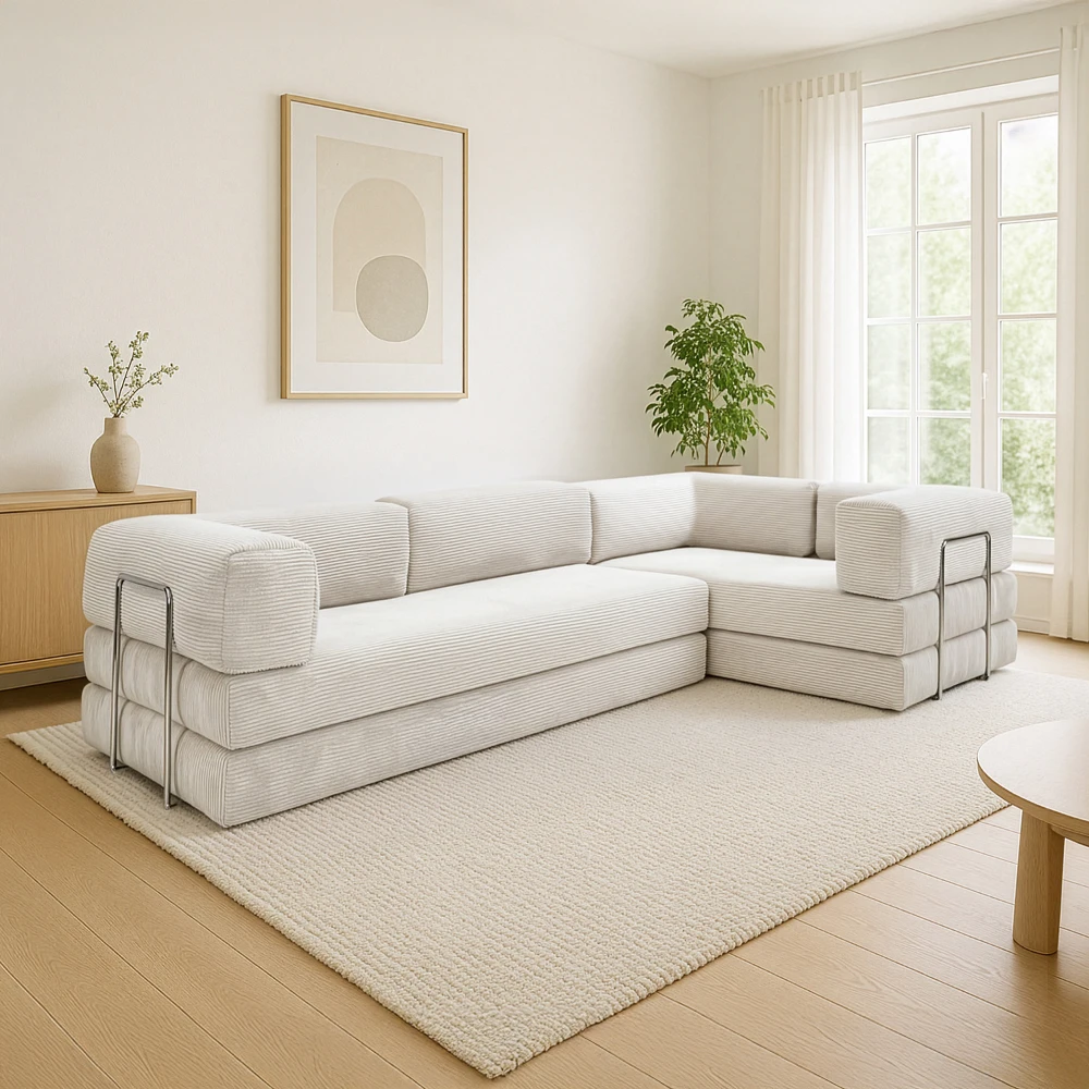 Canapé compressé 5 places angle modulable en velours côtelé crème