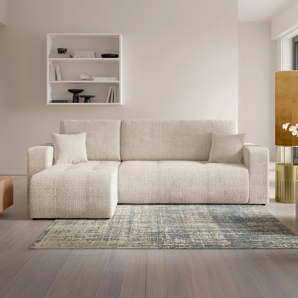 Canapé d'angle gauche 3 places en tissu texturé beige