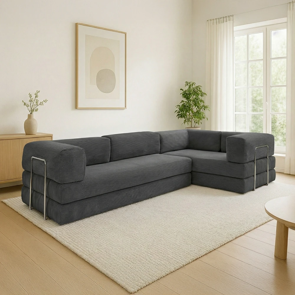 Canapé compressé 5 places angle modulable en velours côtelé anthracite