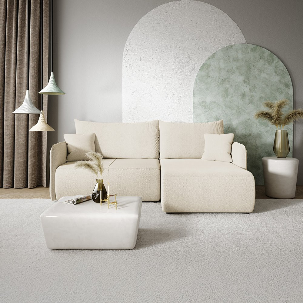 Canapé d'angle droit 4 places en tissu beige