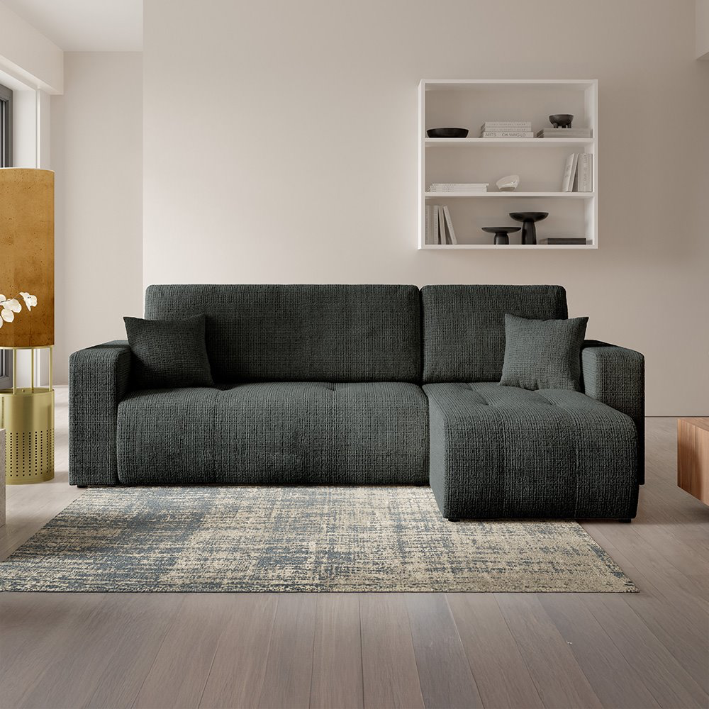 Canapé d'angle droit 3 places en tissu texturé gris foncé