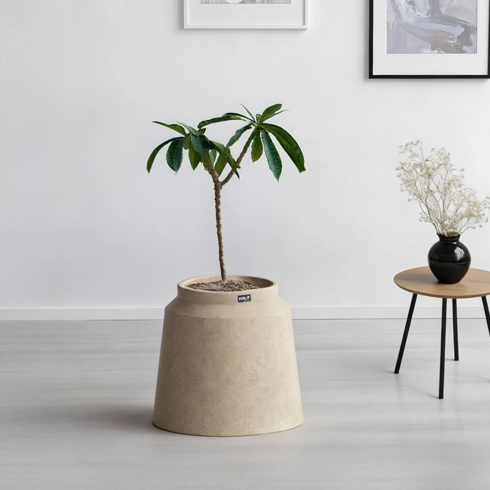 Pot de fleurs crème en béton ultra-léger - Taille XL - Diamètre : 60 cm, Hauteur : 60 cm