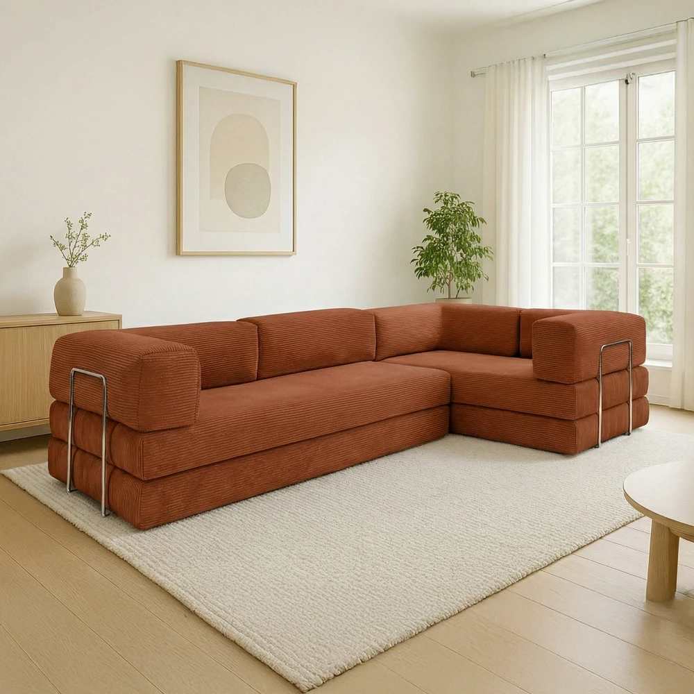 Canapé compressé 5 places angle modulable en velours côtelé terra