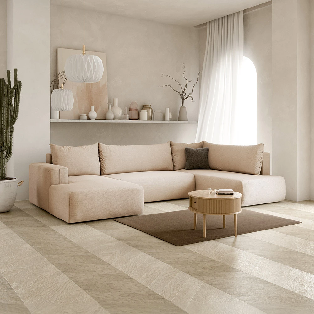 Canapé panoramique droit 5 places en tissu beige