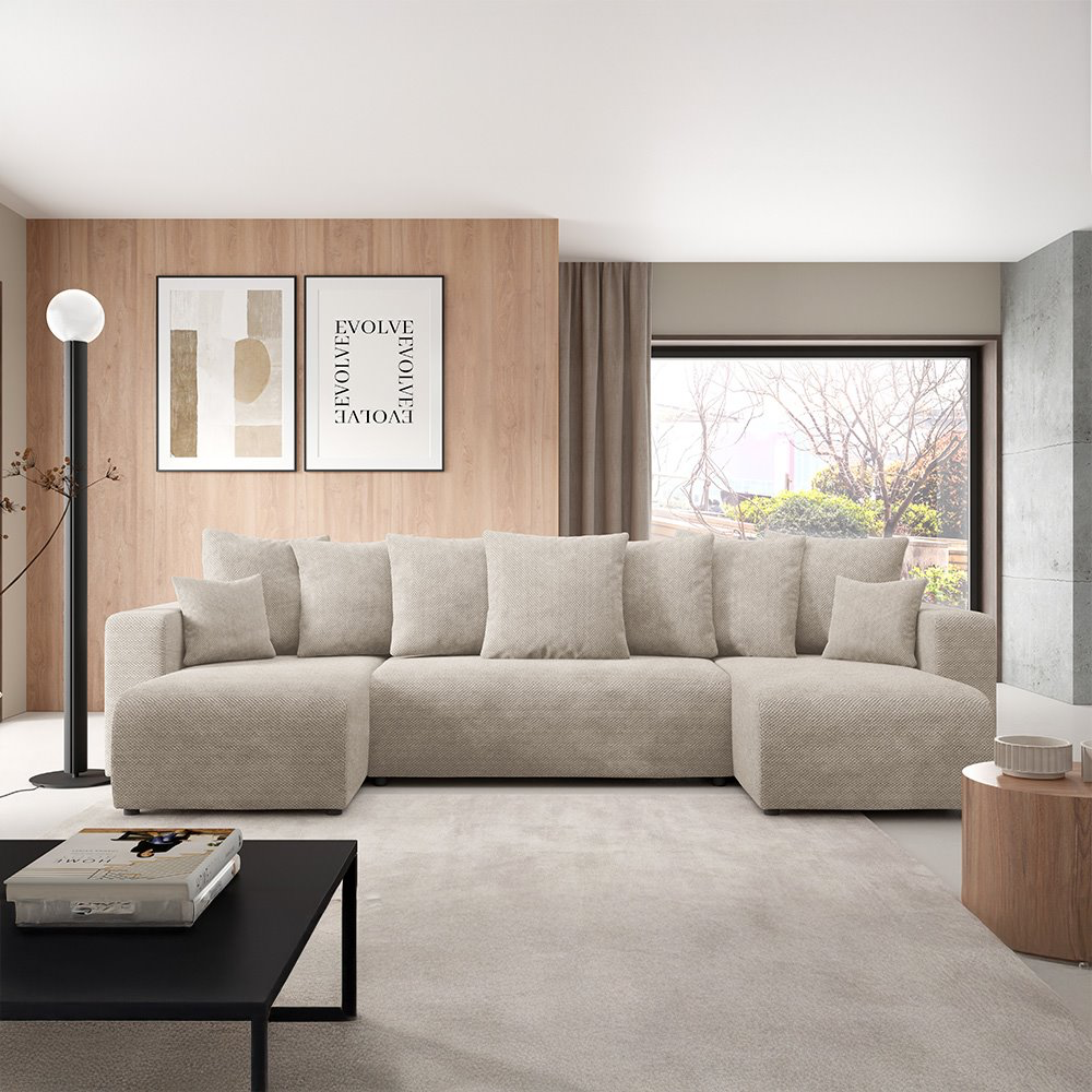 Canapé panoramique 6 places en tissu beige