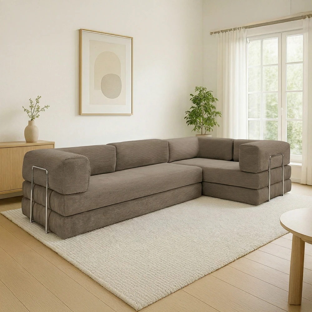 Canapé compressé 5 places angle modulable en velours côtelé taupe