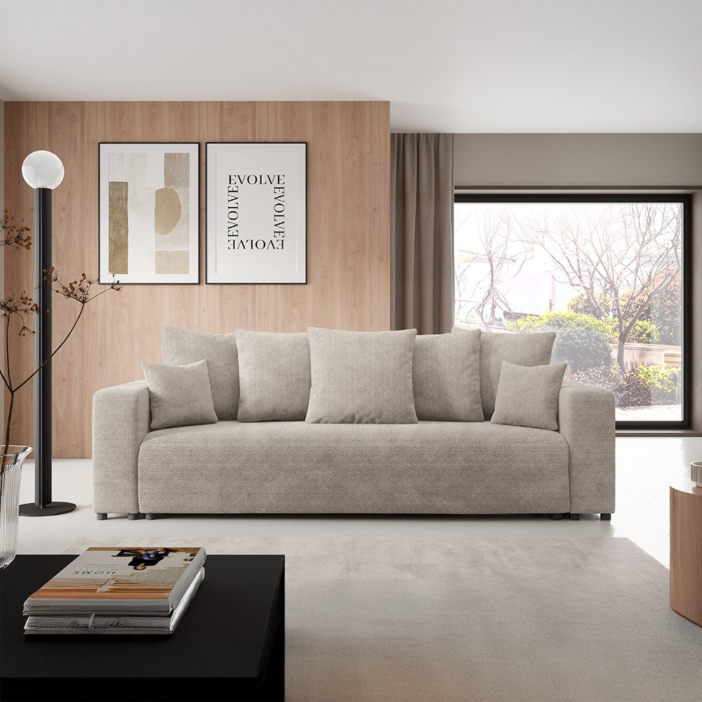 Canapé droit convertible 3 places en tissu beige