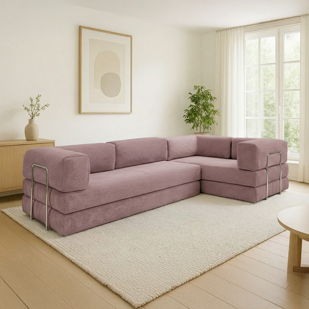 Canapé compressé 5 places angle modulable en velours côtelé rose