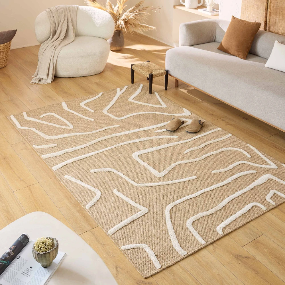 Tapis aspect jute - Motif géométrique blanc - 160x230 cm