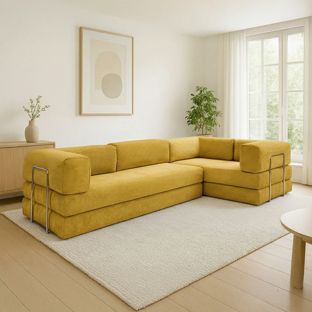 Canapé compressé 5 places angle modulable en velours côtelé jaune