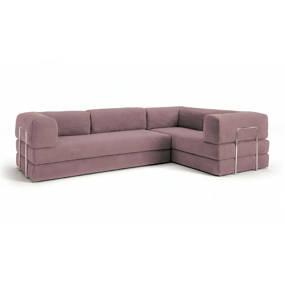 Canapé compressé 5 places angle modulable en velours côtelé rose