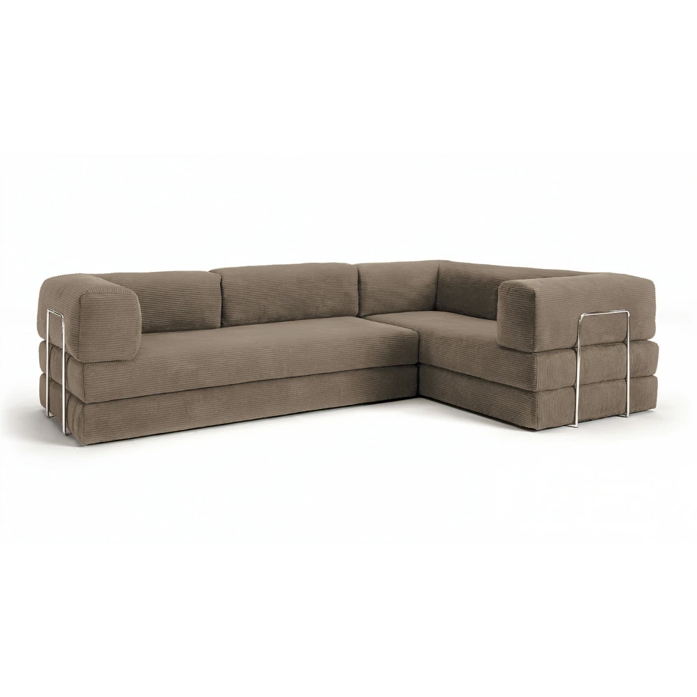 Canapé compressé 5 places angle modulable en velours côtelé taupe